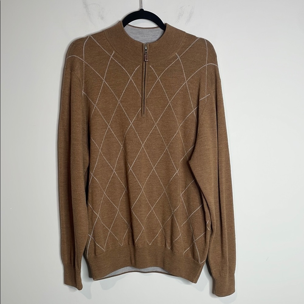 Peter Millar | Men’s Tan 100% Merino Wool Argyle 1/4 Zip Sweater Size Large
